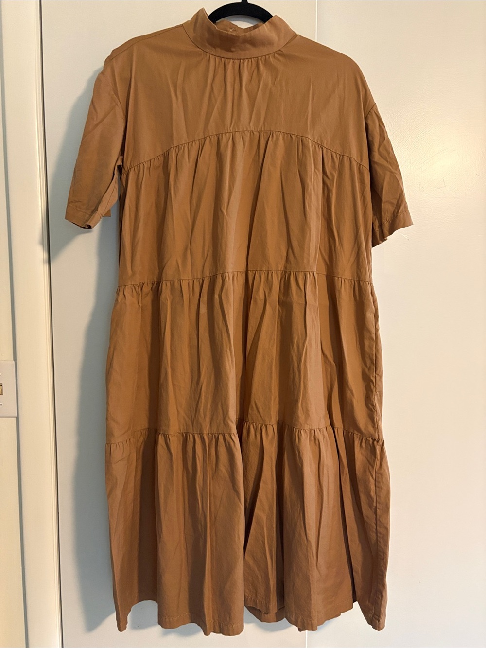 Tiered Short-Sleeve Midi Dress in Camel